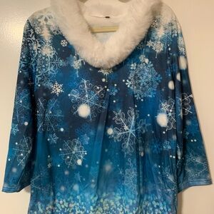 Blue Snowflake Poncho with Faux Fur Collar